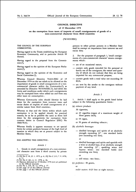 Council Directive 78/1035/EEC of 19 December 1978 on the exemption from taxes of imports of small consignments of goods of a non-commercial character from third countries (repealed)