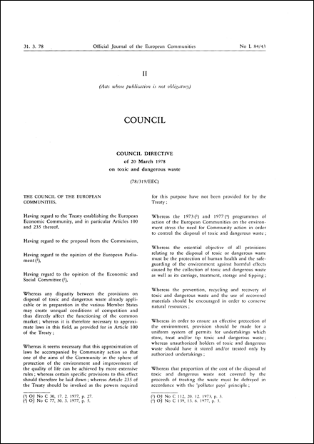 Council Directive 78/319/EEC of 20 March 1978 on toxic and dangerous waste