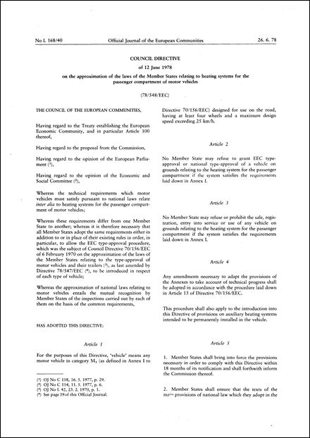 Council Directive 78/548/EEC of 12 June 1978 on the approximation of the laws of the Member States relating to heating systems for the passenger compartment of motor vehicles