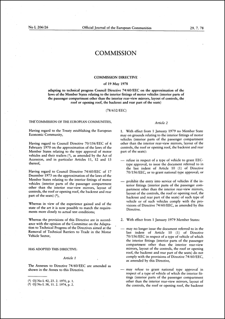 Commission Directive 78/632/EEC of 19 May 1978 adapting to technical progress Council Directive 74/60/EEC on the approximation of the laws of the Member States relating to the interior fittings of motor vehicles (interior parts of the passenger compartment other than the interior rear-view mirrors, layout of controls, the roof or opening roof, the backrest and rear part of the seats)