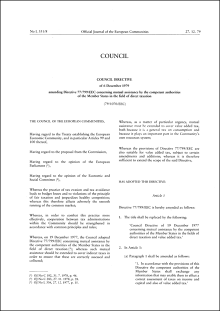 Council Directive 79/1070/EEC of 6 December 1979 amending Directive 77/799/EEC concerning mutual assistance by the competent authorities of the Member States in the field of direct taxation