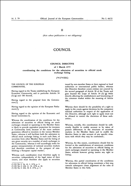 Council Directive 79/279/EEC of 5 March 1979 coordinating the conditions for the admission of securities to official stock exchange listing