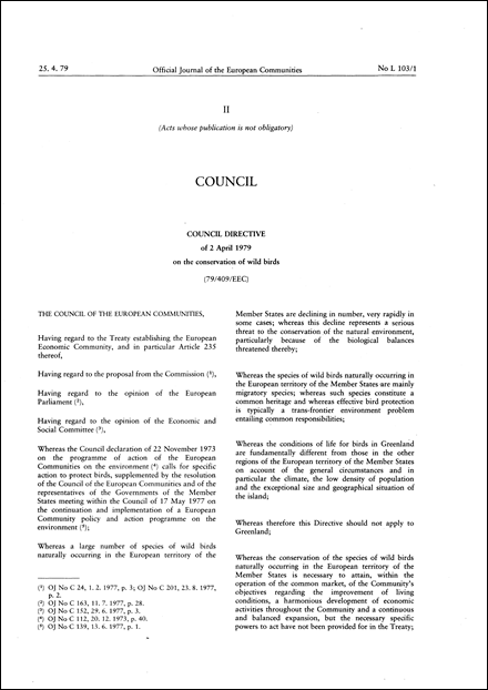 Council Directive 79/409/EEC of 2 April 1979 on the conservation of wild birds (repealed)