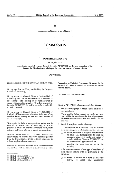 Commission Directive 79/795/EEC of 20 July 1979 adapting to technical progress Council Directive 71/127/EEC on the approximation of the laws of the Member States relating to the rear-view mirrors of motor vehicles