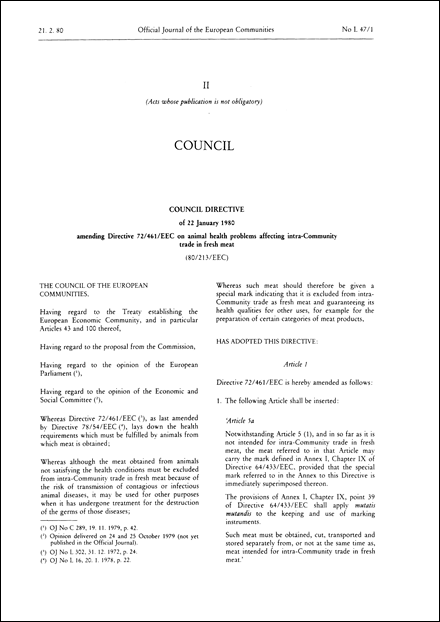 Council Directive 80/213/EEC of 22 January 1980 amending Directive 72/461/EEC on animal health problems affecting intra-Community trade in fresh meat