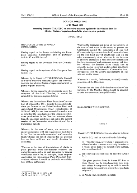 Council Directive 80/392/EEC of 18 March 1980 amending Directive 77/93/EEC on protective measures against the introduction into the Member States of organisms harmful to plants or plant products