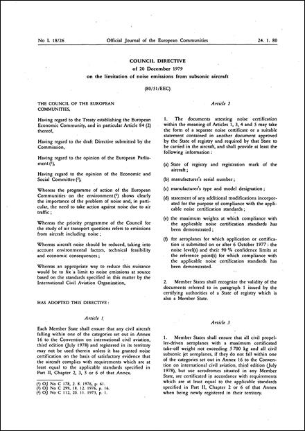 Council Directive 80/51/EEC of 20 December 1979 on the limitation of noise emissions from subsonic aircraft (repealed)