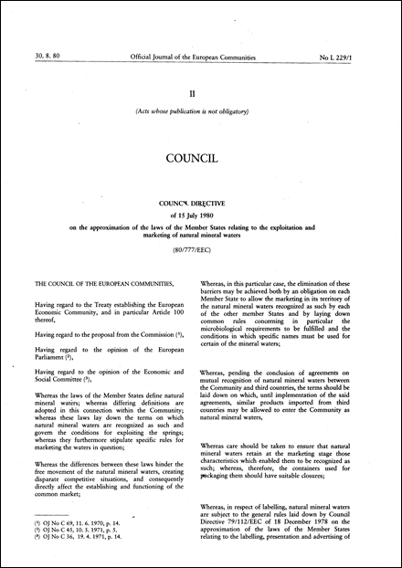 Council Directive 80/777/EEC of 15 July 1980 on the approximation of the laws of the Member States relating to the exploitation and marketing of natural mineral waters (repealed)