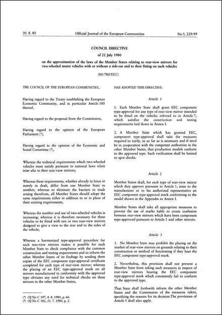 Council Directive 80/780/EEC of 22 July 1980 on the approximation of the laws of the Member States relating to rear-view mirrors for two-wheeled motor vehicles with or without a side-car and to their fitting on such vehicles