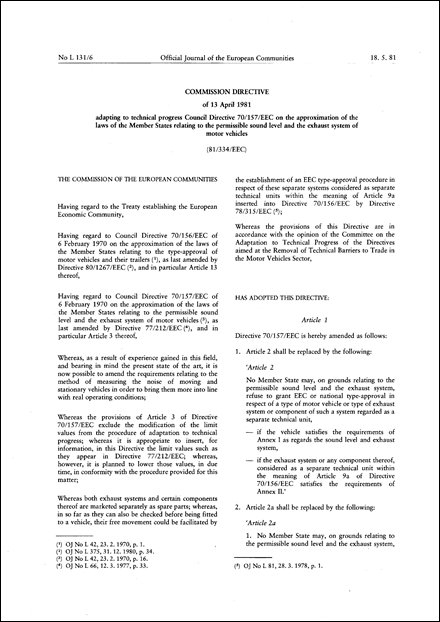Commission Directive 81/334/EEC of 13 April 1981 adapting to technical progress Council Directive 70/157/EEC on the approximation of the laws of the Member States relating to the permissible sound level and the exhaust system of motor vehicles