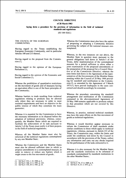 Council Directive 83/189/EEC of 28 March 1983 laying down a procedure for the provision of information in the field of technical standards and regulations