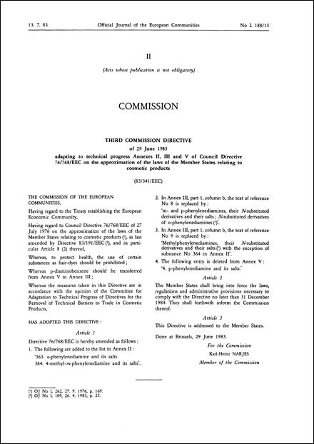 Third Commission Directive 83/341/EEC of 29 June 1983 adapting to technical progress Annexes II, III and V of Council Directive 76/768/EEC on the approximation of the laws of the Member States relating to cosmetic products