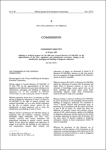 Commission Directive 83/467/EEC of 29 July 1983 adapting to technical progress for the fifth time Council Directive 67/548/EEC on the approximation of the laws, regulations and administrative provisions relating to the classification, packaging and labelling of dangerous substances