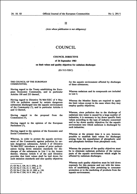 Council Directive 83/513/EEC of 26 September 1983 on limit values and quality objectives for cadmium discharges (repealed)