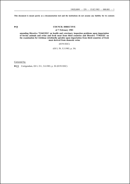 Council Directive 83/91/EEC of 7 February 1983 amending Directive 72/462/EEC on health and veterinary inspection problems upon importation of bovine animals and swine and fresh meat from third countries and Directive 77/96/EEC on the examination for trichinae (trichinella spiralis) upon importation from third countries of fresh meat derived from domestic swine
