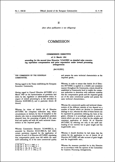 Commission Directive 84/192/EEC of 21 March 1984 amending for the second time Directive 75/349/EEC on detailed rules concerning equivalent compensation and prior exportation under inward processing arrangements