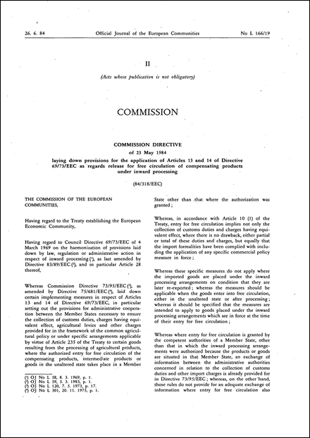 Commission Directive 84/318/EEC of 23 May 1984 laying down provisions for the application of Articles 13 and 14 of Directive 69/73/EEC as regards release for free circulation of compensating products under inward processing