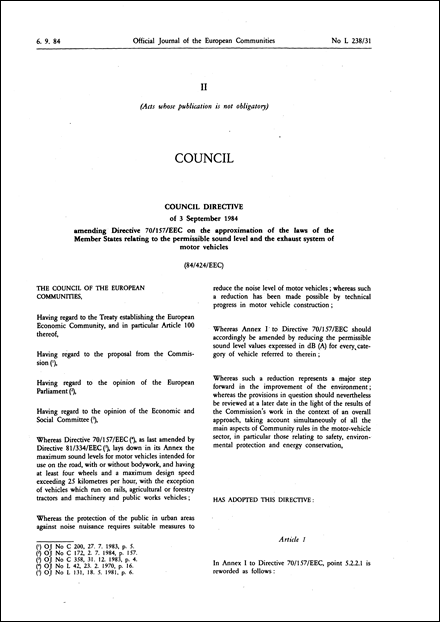 Council Directive 84/424/EEC of 3 September 1984 amending Directive 70/157/EEC on the approximation of the laws of the Member States relating to the permissible sound level and the exhaust system of motor vehicles
