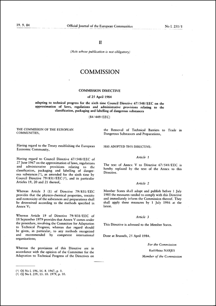 Commission Directive 84/449/EEC of 25 April 1984 adapting to technical progress for the sixth time Council Directive 67/548/EEC on the approximation of laws, regulations and administrative provisions relating to the classification, packaging and labelling of dangerous substances