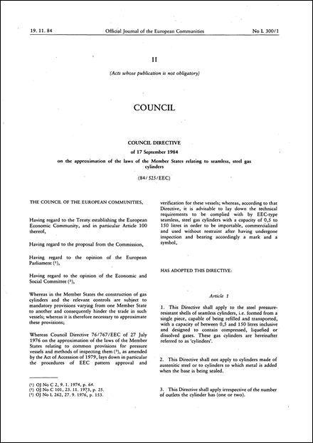 Council Directive 84/525/EEC of 17 September 1984 on the approximation of the laws of the Member States relating to seamless, steel gas cylinders