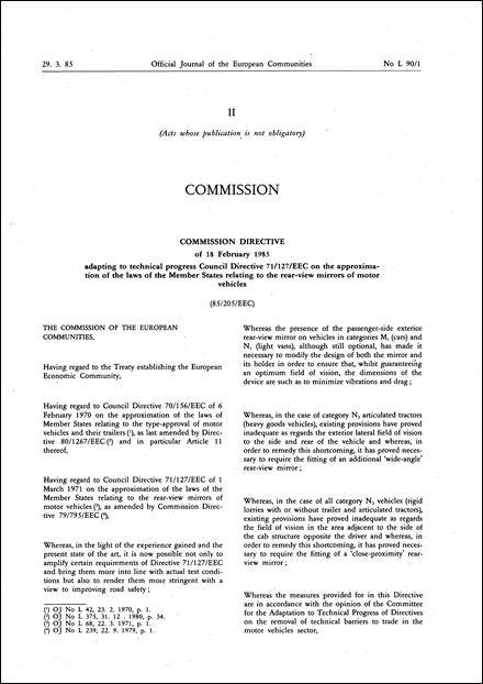 Commission Directive 85/205/EEC of 18 February 1985 adapting to technical progress Council Directive 71/127/EEC on the approximation of the laws of the Member States relating to the rear-view mirrors of motor vehicles