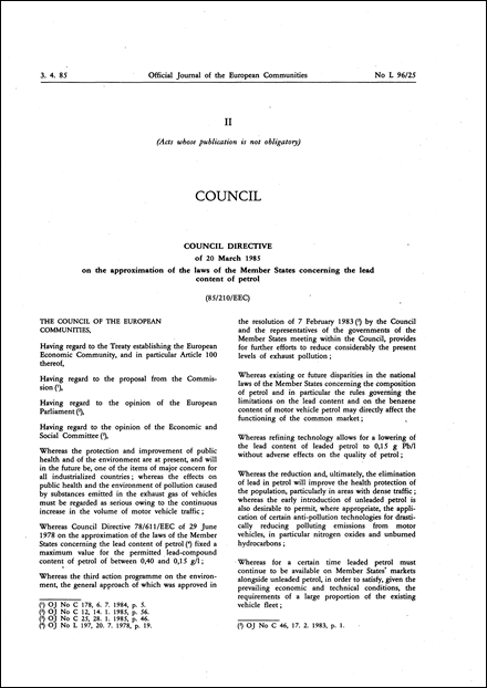 Council Directive 85/210/EEC of 20 March 1985 on the approximation of the laws of the Member States concerning the lead content of petrol