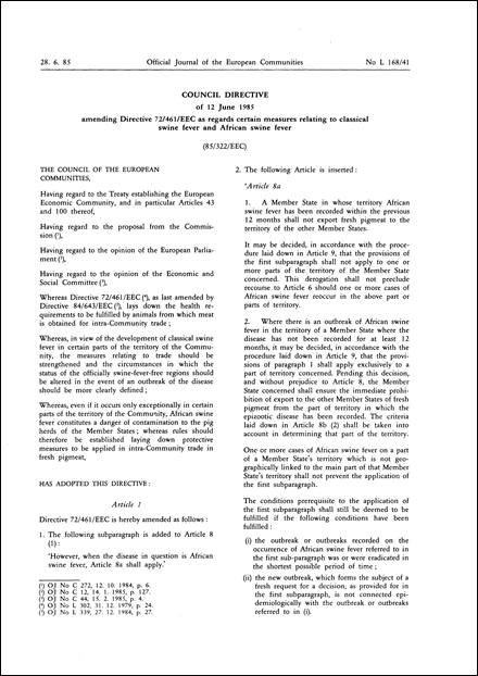 Council Directive 85/322/EEC of 12 June 1985 amending Directive 72/461/EEC as regards certain measures relating to classical swine fever and African swine fever
