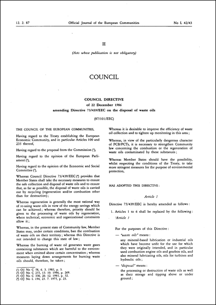 Council Directive 87/101/EEC of 22 December 1986 amending Directive 75/439/EEC on the disposal of waste oils