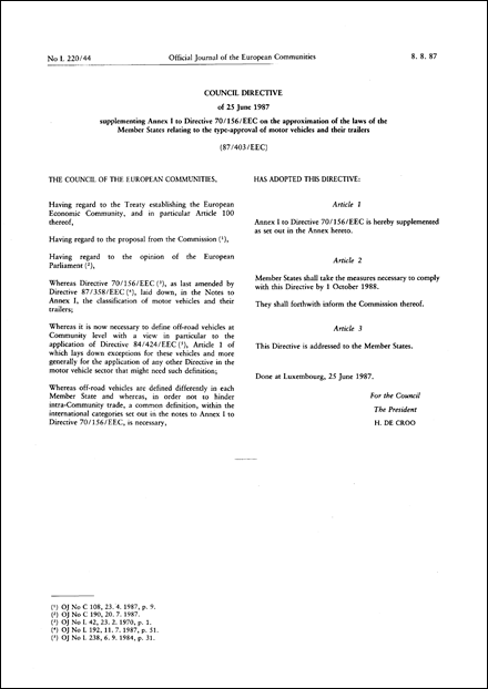 Council Directive 87/403/EEC of 25 June 1987 supplementing Annex I to Directive 70/156/EEC on the approximation of the laws of the Member States relating to the type-approval of motor vehicles and their trailers