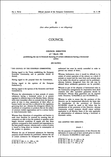Council Directive 88/146/EEC of 7 March 1988 prohibiting the use in livestock farming of certain substances having a hormonal action
