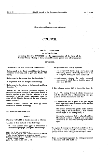 Council Directive 88/180/EEC of 22 March 1988 amending Directive 84/538/EEC on the approximation of the laws of the Member States relating to the permissible sound power level of lawnmowers