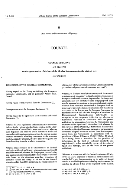 Council Directive 88/378/EEC of 3 May 1988 on the approximation of the laws of the Member States concerning the safety of toys (repealed)