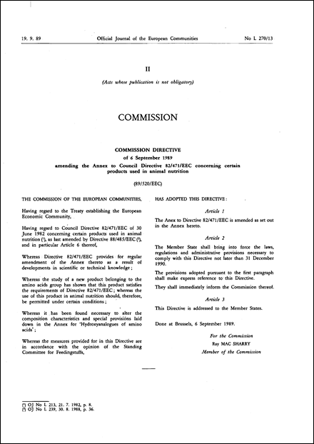 Commission Directive 89/520/EEC of 6 September 1989 amending the Annex to Council Directive 82/471/EEC concerning certain products used in animal nutrition
