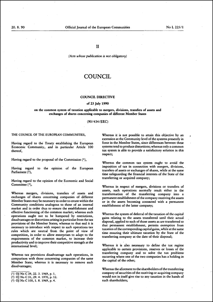 Council Directive 90/434/EEC of 23 July 1990 on the common system of taxation applicable to mergers, divisions, transfers of assets and exchanges of shares concerning companies of different Member States (repealed)