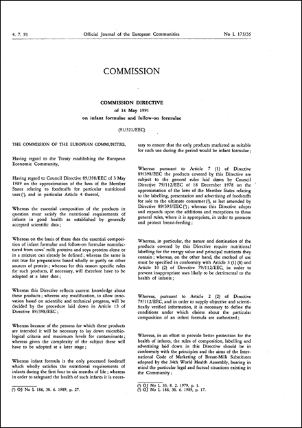 Commission Directive 91/321/EEC of 14 May 1991 on infant formulae and follow-on formulae (repealed)
