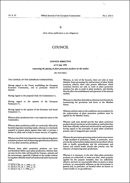 Council Directive 91/414/EEC of 15 July 1991 concerning the placing of plant protection products on the market (repealed)
