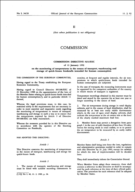 Commission Directive 92/1/EEC of 13 January 1992 on the monitoring of temperatures in the means of transport, warehousing and storage of quick-frozen foodstuffs intended for human consumption