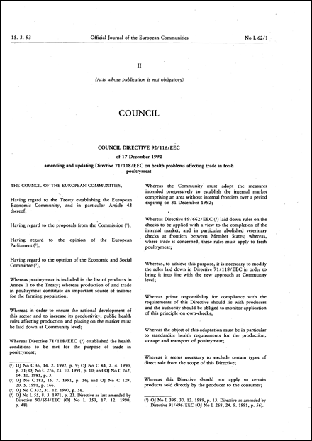 Council Directive 92/116/EEC of 17 December 1992 amending and updating Directive 71/118/EEC on health problems affecting trade in fresh poultrymeat (repealed)