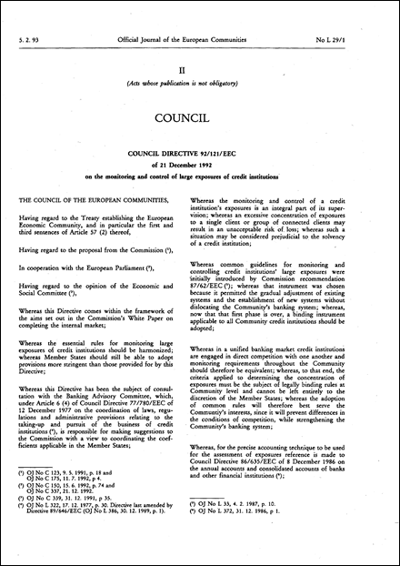 Council Directive 92/121/EEC of 21 December 1992 on the monitoring and control of large exposures of credit institutions