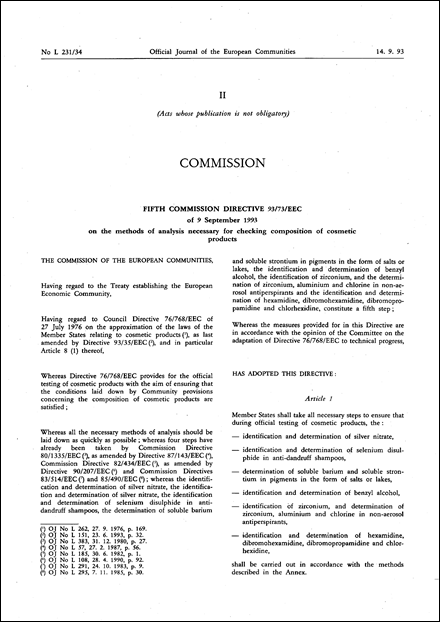 Fifth Commission Directive 93/73/EEC of 9 September 1993 on the methods of analysis necessary for checking composition of cosmetic products