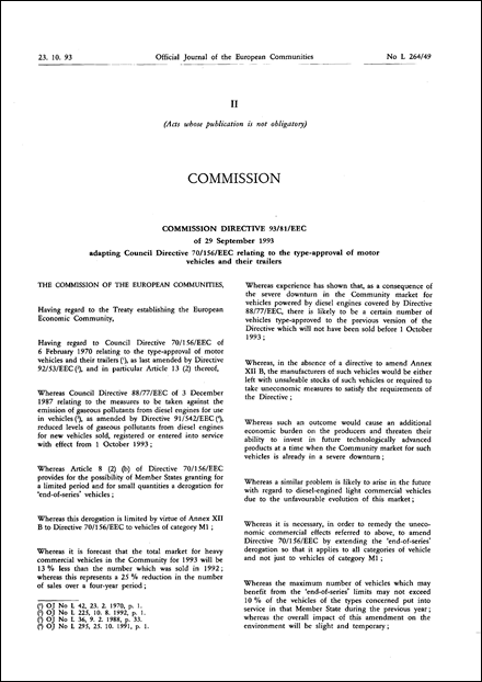 Commission Directive 93/81/EEC of 29 September 1993 adapting Council Directive 70/156/EEC relating to the type-approval of motor vehicles and their trailers