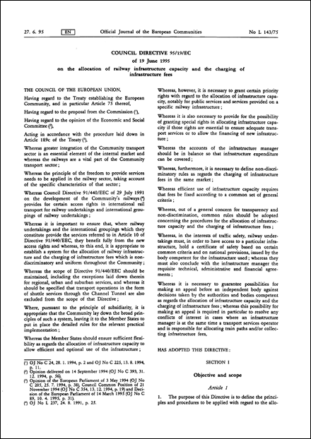 Council Directive 95/19/EC of 19 June 1995 on the allocation of railway infrastructure capacity and the charging of infrastructure fees