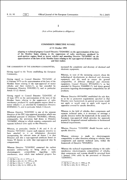 Commission Directive 95/54/EC of 31 October 1995 adapting to technical progress Council Directive 72/245/EEC on the approximation of the laws of the Member States relating to the suppression of radio interference produced by spark-ignition engines fitted to motor vehicles and amending Directive 70/156/EEC on the approximation of the laws of the Member States relating to the type-approval of motor vehicles and their trailers