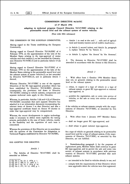 Commission Directive 96/20/EC of 27 March 1996 adapting to technical progress Council Directive 70/157/EEC relating to the permissible sound level and the exhaust system of motor vehicles (Text with EEA relevance)