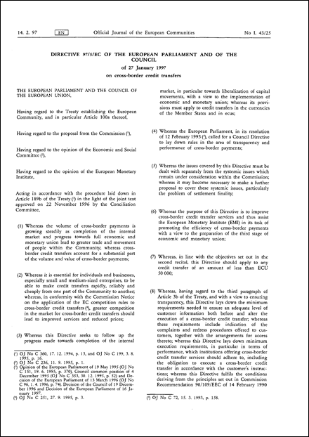 Directive 97/5/EC of the European Parliament and of the Council of 27 January 1997 on cross-border credit transfers