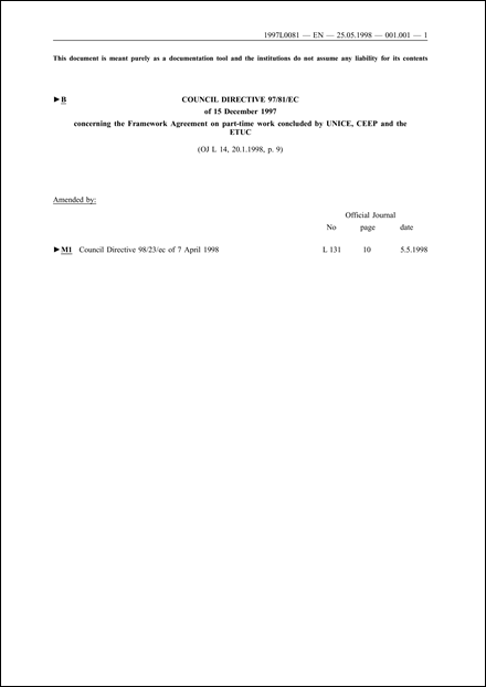 Council Directive 97/81/EC of 15 December 1997 concerning the Framework Agreement on part-time work concluded by UNICE, CEEP and the ETUC - Annex : Framework agreement on part-time work