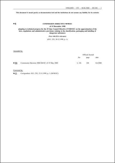 Commission Directive 98/98/EC of 15 December 1998 adapting to technical progress for the 25 time Council Directive 67/548/EEC on the approximation of the laws, regulations and administrative provisions relating to the classification, packaging and labelling of dangerous substances (Text with EEA relevance)