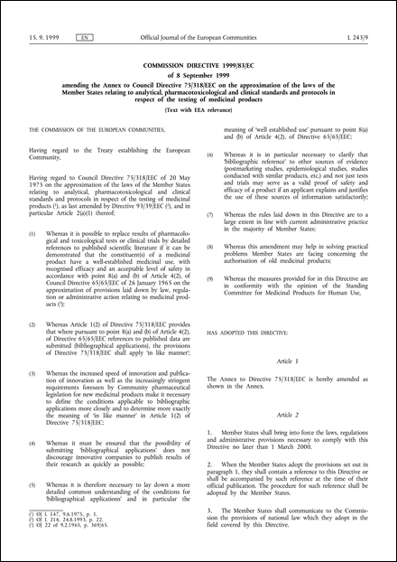 Commission Directive 1999/83/EC of 8 September 1999 amending the Annex to Council Directive 75/318/EEC on the approximation of the laws of the Member States relating to analytical, pharmacotoxicological and clinical standards and protocols in respect of the testing of medicinal products (Text with EEA relevance)