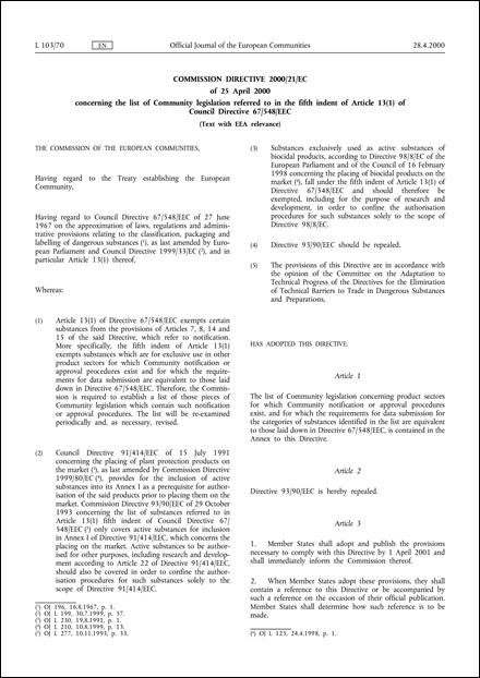 Commission Directive 2000/21/EC of 25 April 2000 concerning the list of Community legislation referred to in the fifth indent of Article 13(1) of Council Directive 67/548/EEC (Text with EEA relevance)