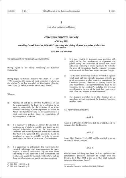 Commission Directive 2001/36/EC of 16 May 2001 amending Council Directive 91/414/EEC concerning the placing of plant protection products on the market (Text with EEA relevance)